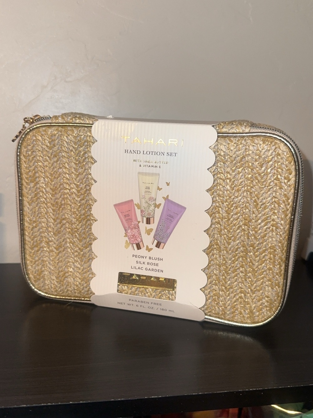 Tahari Gold Woven Cosmetic Pouch with Hand Lotion